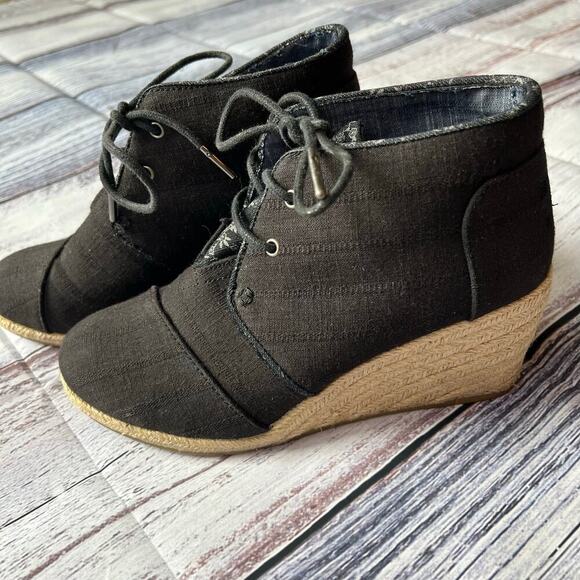 Toms Shoes - TOMS Canvas Ikat Espadrille Desert Wedge Bootie, Lace Up, Black, Tan, Size 7.5